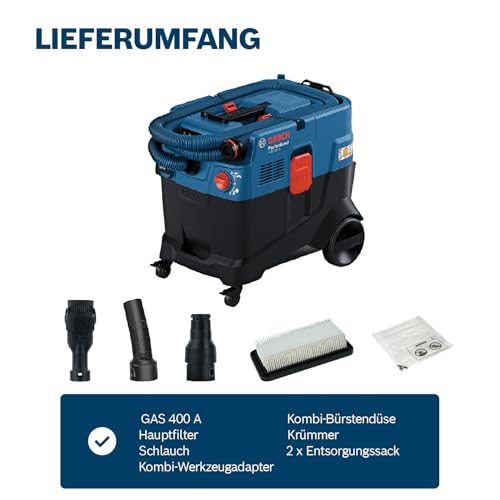 Bosch Professional Allessauger Gas 400 A (1200 W, automatische Filterreinigung (AFC), inkl. Hauptfilter, Schlauch, Werkzeugadapter, Krümmer, 2X Entsorgungssack)