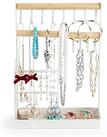 Jewelry Organizer Stand Necklace Holder, 4-Tier Metal Jewelry Tower with Earring Tray and 18 Holes, 12 Hooks Necklaces Hanging Storage Tree Display for Bracelets Watches Earrings Rings, White