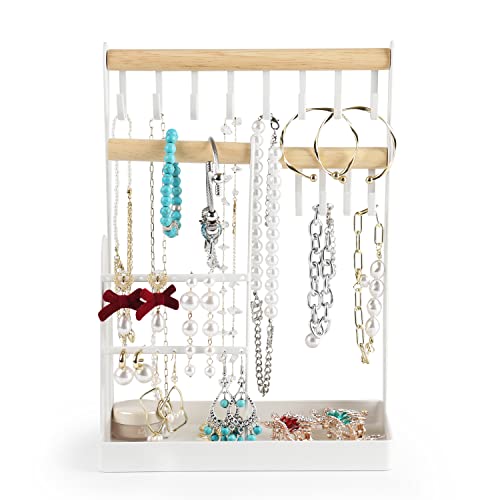 Jewelry Organizer Stand Necklace Holder, 4-Tier Metal Jewelry Tower With Earring Tray And 18 Holes, 12 Hooks Necklaces Hanging Storage Tree Display For Bracelets Watches Earrings Rings, White #TOP3