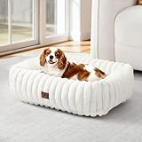 Warmrest Washable Dog Bed for Small Medium Dogs - Rectangle Orthopedic Corduroy Fleece Pet Bed with Removable Cover and Nonskid Bottom, Calming Puppy Bed Soft Pet Sofa, Cream(25x21x7inchs)