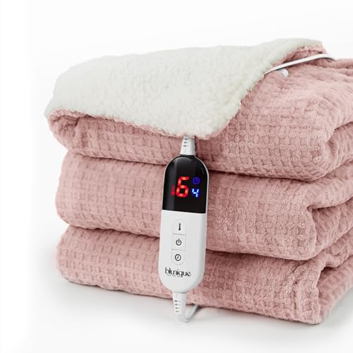 Heated Blanket Electric Throw Waffle, 50x60 Inches Sherpa Fleece Fast Heating Blanket 6 Heating Levels & 4 Hours Auto Off ETL Certification, Pink Throw