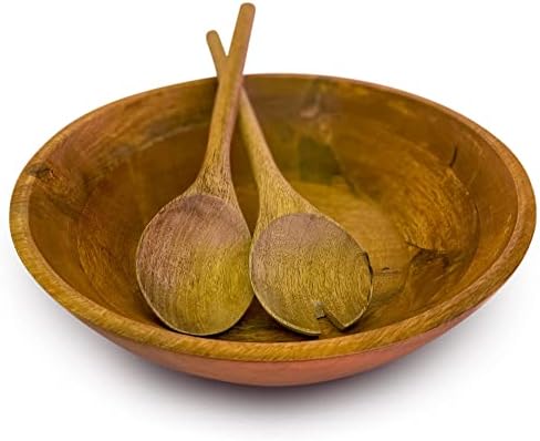 Fairwood Way Wooden Salad Bowl Set with Serving Utensils - Rustic Mango Wood Bowl with Servers - 11.5 Inch Natural Wood Bowl and Servers