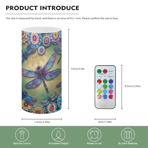 Image of Poceacles Flameless Candle Battery Powered with Remote Control 12 Colors 4 /8 Hours Timer LED Night Lights Pillar Candle Tealights Home Indoor Decor, Boho Floral Dragonfly Blue