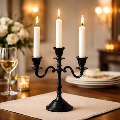 Image of Aluminum 3-Arm 8inch Black Candelabra for Dining Table | Vintage Candle Stand for Romantic Dinner, Home & Wedding Decor