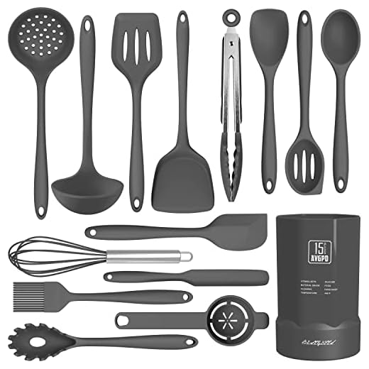 Dishwasher Safe Silicone Cooking Utensils Set - 446°F Heat Resistant Basic Silicone Kitchen Utensils,Turner Tongs, Spatula, Spoon, Brush, Whisk, Gadgets Tools for Nonstick Cookware (BPA Free - Grey)