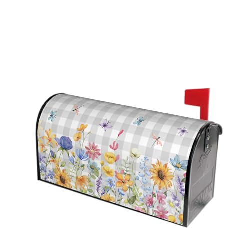 Image of Spring Flower Mailbox Cover Magnetic Standard Size, 21 inchx18 inch Watercolor Summer Floral Wildflower Mailbox Wrap Post Cover with Grey Buffalo Plaids for Yard Garden Outside Lawn Decor