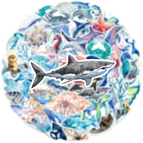 50 Pcs Watercolor Marine Life Stickers - Waterproof Vinyl Ocean Creature Decals (Dolphins/Whales/Turtles Styles) for Skateboard, Laptop & Luggage(Marine Bio-50) - 3