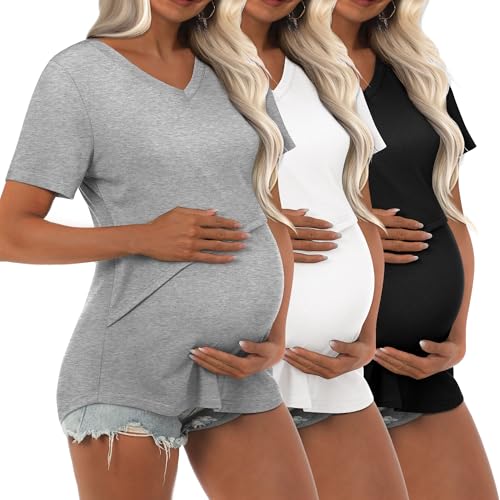 Image of Ficerd 3 Pcs Women's Maternity Shirts Short Sleeve Double Layer Nursing Top for Breastfeeding Cotton V Neck Pregnancy Cloth