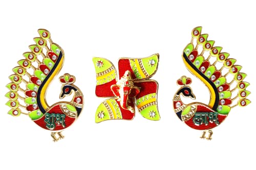 Trendbell Meenakri Red Peacock Diwali Shubh Labh With Swastikk Ganesha Stickers Item For Diwali Indian Puja Wedding & Festival Acrylic Diwali Rangoli Decoration Floor & Office Decoration #TOP2