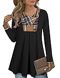 VAFOLY Frauen Langen Armel Tunika Blusen, Damen Plaid Pullover Elegant Wasserfallausschnitt Wintertunika Ausgestellte Baumwolle Warme Herbst Strick Sweatshirts Weihnachts Tops Schwarz Kaffee M