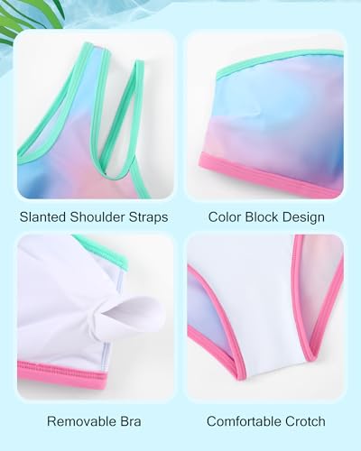 Image of Redair Girls Swimsuit Two Piece One Shoulder Bathing Suit with Chest Pad Color Block Bikini 7-16 Years