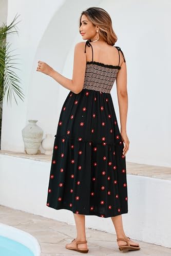 Image of R.Vivimos Womens Summer Cotton Boho Midi Dress 2026 Spaghetti Strap Floral Embroidered Smocked Tiered Flowy Long Dresses