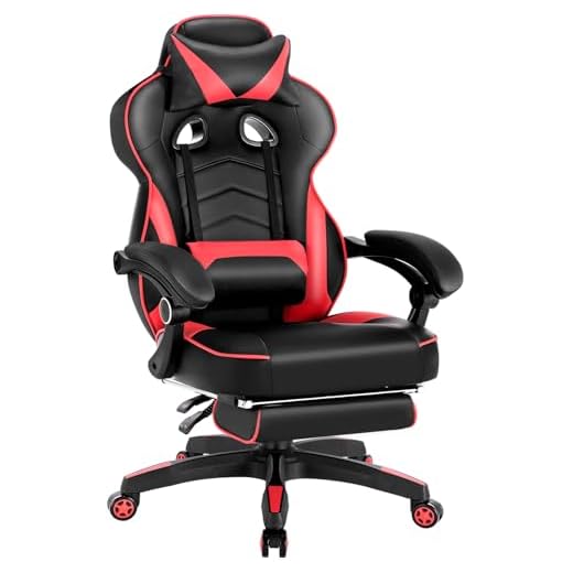 WOLTU Silla Gaming, Cuero Sintéticor Ergonómica Gaming para Chair con Reposapiés Silla Gamer Sillón Giratorio Videojuegos, Silla Oficina Gran Respaldo y Asiento para Personas Grandes Negro+Rojo