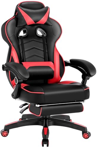 WOLTU Sedia Gaming Ergonomica con Poggiapiedi, Livestreaming Girevole Poltrona Gamer con Poggiapiedi, Schienale & Sedile Grandi Comodo, Nero+Rosso