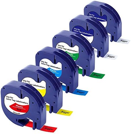 Bigger 6 Pack Compatible Label Tapes Replacement for Dymo LT100H LT100T QX50 LetraTag Refills Plastic Label Tape 16952 91331 91332 91333 91334 91335 (1/2" x 13'), 12mm x 4m