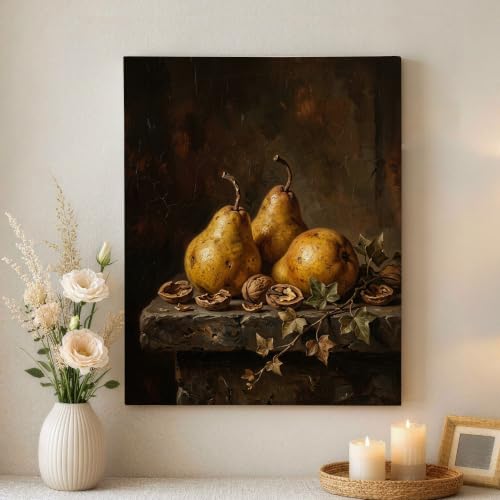 Lienzo decorativo para pared de estilo clásico con peras y hojas marrón