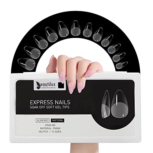 Beautilux Uñas postizas acrílicas American Capsule 552 piezas Puntas de uñas acrílicas 12 tamaños Puntas de uñas de gel Alomnd Natural Uñas postizas para manicura en el hogar y salones de uñas Cover