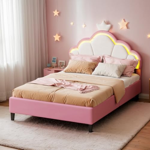 YNYHTER Mädchenbett 90 x 200 cm, Polsterbett für Kinder, Mädchenbett mit Schubladen, Kinderbett mit LED-Beleuchtung, Prinzessinnenbett, Einzelbett für Mädchen, rosa Bett für Jungen
