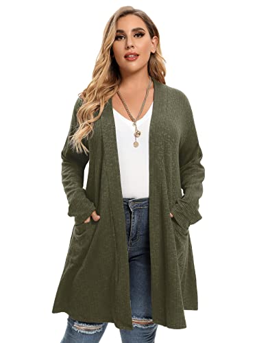 LARACE Open Front Knit Cardigan Sweaters for Women Plus Size Long Sleeve Tops with Pockets Lightweight for Winter(F-ArmyGreen 2X)