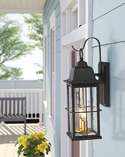 Zeyu Exterior Porch Light Fixtures, 17 Inch Outdoor Wall Sconce For House In Black And Gold Finish With Seeded Glass Shade, 20071B2 #TOP2