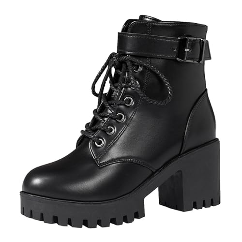 Optigard Women's Black Lace Up Chunky Heel Combat Boots Non-slip Lug Sole Side Zipper High Heel Ankle Boots with Buckle Strap Platform Goth Booties