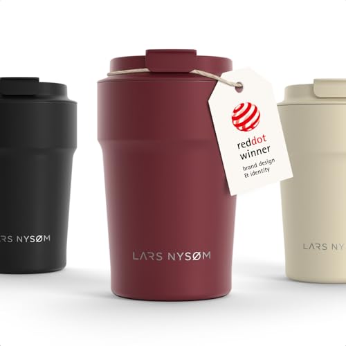 Image of LARS NYSOM Thermo Coffee Mug to go 13oz | Travel Mug 0.38 Liter with Insulation | Silicone grip base | Leak Proof Stainless Steel Tumbler for Coffee and Tea on the Go (Powder Berry Red, 13oz)