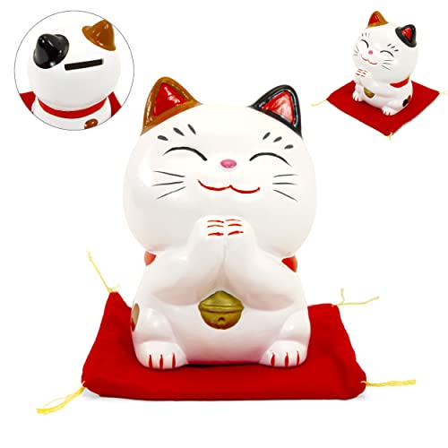 Art Saigon Maneki Neko Japonais Blanc en Céramique, Lucky Cat, Fabriqué au Japon - Statuette Tirelire Chat Porte-Bonheur, Chance, Prospérité et Richesse...
