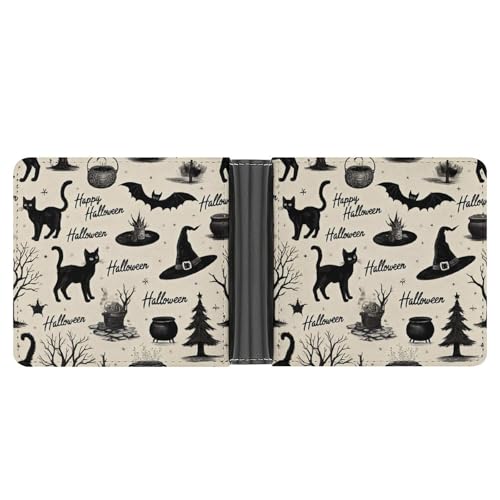 Travel Slim Bifold Wallet for Men, Compact Thin Credit Card Holder Organizer Halloween Decorations Black Cat Bat Pumpkin Skull Party Pattern Pu Leather Purse Bags for Office Shopping