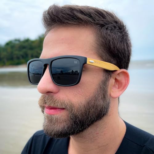 Óculos de Sol Quadrado Polarizado Em Bambu Maya Zone + Case (Preto)