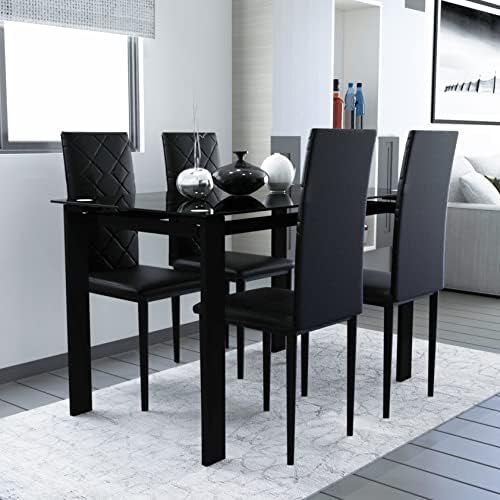 Yoglad Dining Table and Chairs, Dining Table/Chairs Set, Simple Style Table with Tempered Glass Top, Clean-Cutting Faux Leather Chairs, for Kitchen & Dining Room (Chairs*4 & Table*1, Set of 5, Black)