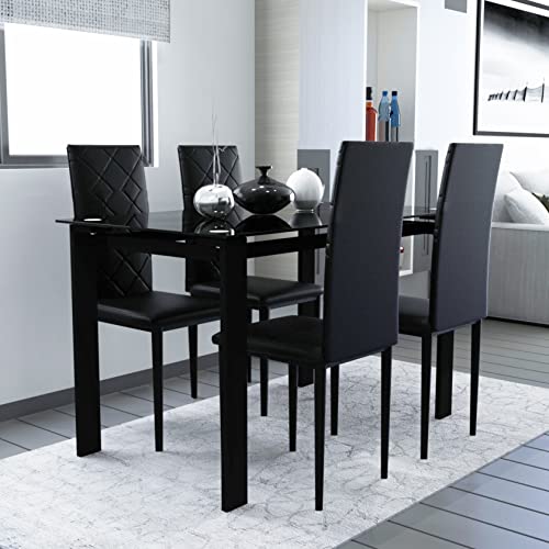 Yoglad Dining Table And Chairs, Dining Table/Chairs Set, Simple Style Table With Tempered Glass Top, Clean-Cutting Faux Leather Chairs, For Kitchen & Dining Room (Chairs*4 & Table*1, Set Of 5, Black) #TOP1