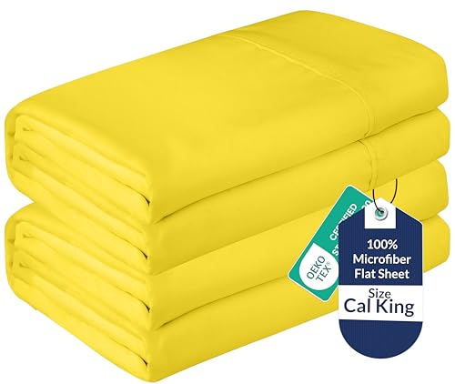 Royale Linens (ロイヤルリネンズ) まとめ買いフラットシートセット 2枚セット - トップシーツ - ソフト1800マイクロファイバー - 汚れ防止 - ホテル、マッサージテーブル、病院、寮用 - カリフォルニアキングサイズのフラットシーツは別売り(キングカリフォルニア、イエロー)の商品画像（Amazon）