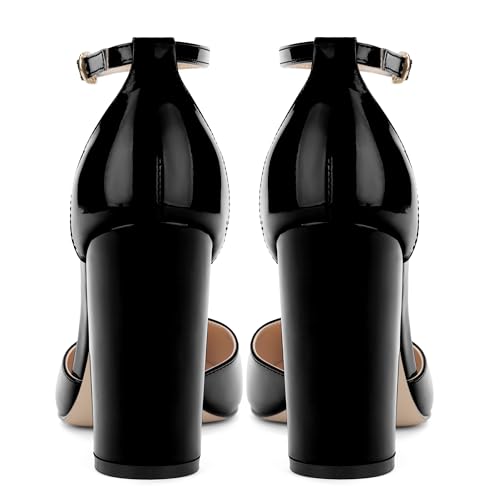 Ankle Strap Heels for Women,Chunky Block Closed Pointed Toe Patent Pumps,Dress Wedding Party Shoes 3 Inch4