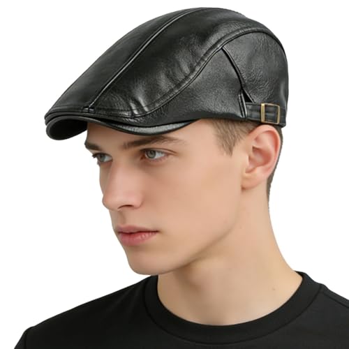 HIQIU Schiebermütze Herren aus PU-Leder - Verstellbare Gatsby...