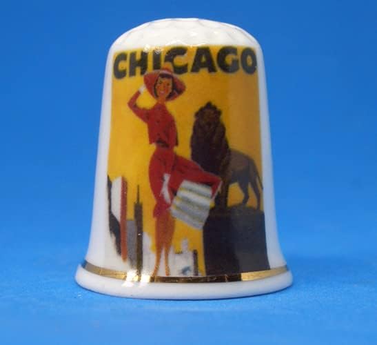 China Collectible Thimble - Travel Poster Chicago - Dome Gift Box