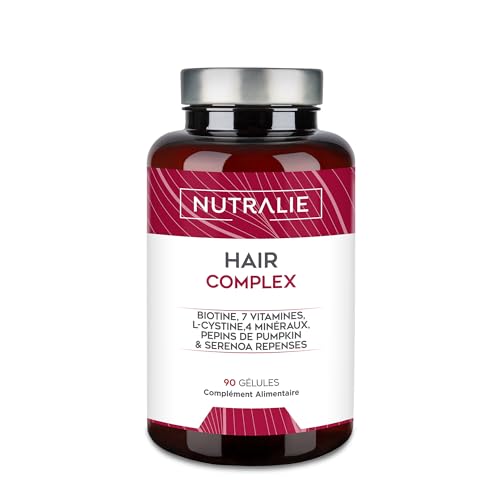 Vitamine Cheveux - [PRIX 2022] Biotine + Zinc + Sélénium + L-Cystine - Hair Complex Femme et Homme - 90 Gélules Végétariennes Nutralie