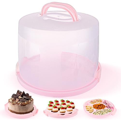 FWEEK 30cm Large Cake Carrier Tall Cake Box Round Plastic Cake Storage with Handle and Lid Cake Container for Pies Cookies Cakes Party - Pink