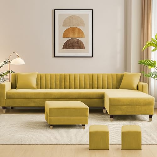 Image of Casaliving Garcia RHS 8 Seater L Shape Sofa Set with Ottoman & 2 Puffy for Living Room (Yellow Colour) Premium Fabric Sofa Set