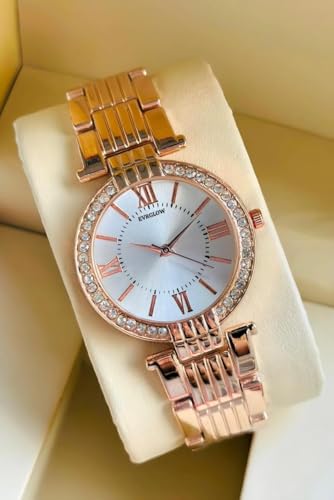 Image of EVRGLOW Analogue Wrist Watches for Women's & Girls&Miss&Ladies Luxury Blue Dial with Roman Marker in Diamond Studded Round case with Rose Gold brecelet Strap Stylish Quartz Watches
