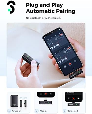 SOOMFON MFi Certified Wireless Lavalier Microphone for iPhone iPad 2.4Ghz Plug and Play Lapel Microphone Wireless with Charging Case for Video Recording Tiktok Facebook YouTube Live Stream etc