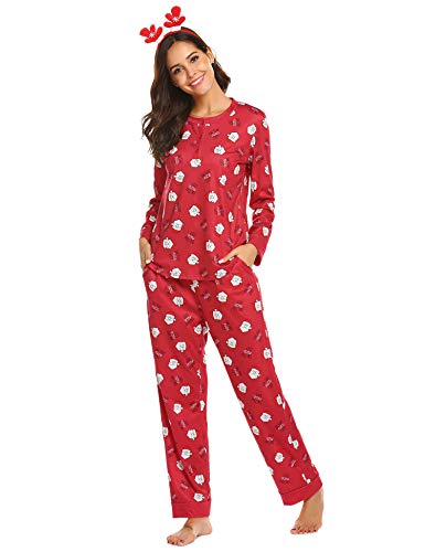 Ekouaer Pjs For Women Long Sleeve Top And Long Pants Pajama Set Henley Sleepwear With Pockets Red Santa Claus L #TOP1