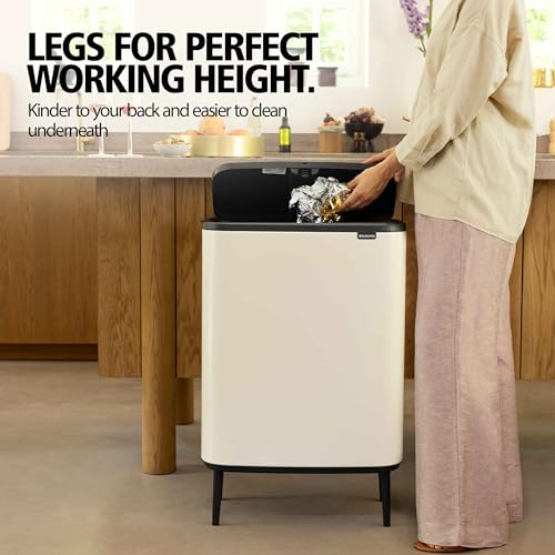 Image of Brabantia Bo Hi Touch Top Kitchen Trash Can with Single Compartment & Raised Legs | Soft Beige | 16 Gal Inner Bucket | Soft-Close, Light Touch Opening, Stay-Open Lid | + Trash Bags