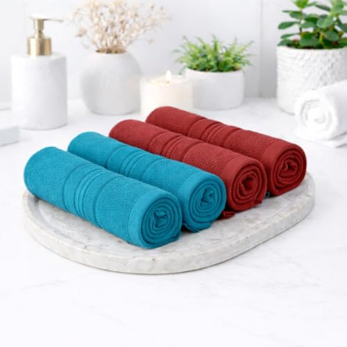 Image of Cotton Face Towel Pack of 4, 100% Cotton Towels, Soft Absorbent Small Gym Towel for Face, 400 GSM Quick Dry Bathroom & Travel Towels Men & Women, 30 x 30 cm, Teal & Maroon