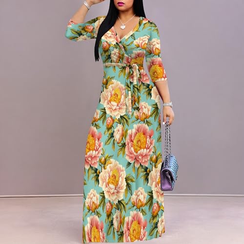 Image of Plus Size Maxi Dress for Women V Neck 3 /4 Sleeve Wrap Dress
