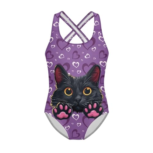 Watdotory Einteiliger Badeanzug für Mädchen mit gekreuzten Rückenträgern und Cartoon-Aufdruck, schwarze katze, 9-10 Jahre
