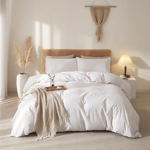 PEUJEW 100% French Linen Duvet Cover Double Size, Breathable Soft Bedding Set 3 Pieces for All Season, Durable Luxury with Zipper Closure - Float White (1 Duvet Cover 2 Pillowcases)