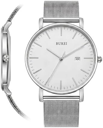 BUREI Ultra Thin Minimalist Men Watch, All Silver Stainless Steel Mesh Band,Analog Waterproof Casual Business Wristwatch, Gift for Father