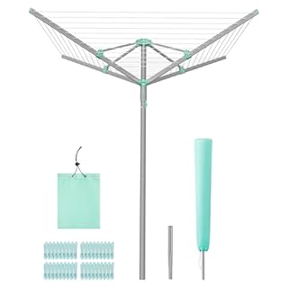 SONGMICS Umbrella Clothesline, Rotary Washing Line, Foldable Heavy-Duty Outdoor Clothes Drying Rack with Clips, Cover, Ground Anchor, 147.6 ft (45 m) Long for 4 Loads of Laundry, Silver ULLR306EZ01