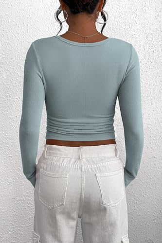 DUOEASE Basic Langarmshirt Damen Henley Tshirt Damen Gerippt Elegant Longsleeve Herbst Top Blaugrau-M