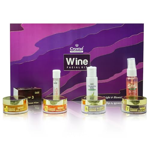 Crystal Cosmetics Wine Facial Kit 8 Steps | Red Wine & Rose Water Formula | Cleansing, Scrub, Gel, Cream, Pack and Serum | Brightening & Oil Control Facial for Men and Women | For All Skin Types